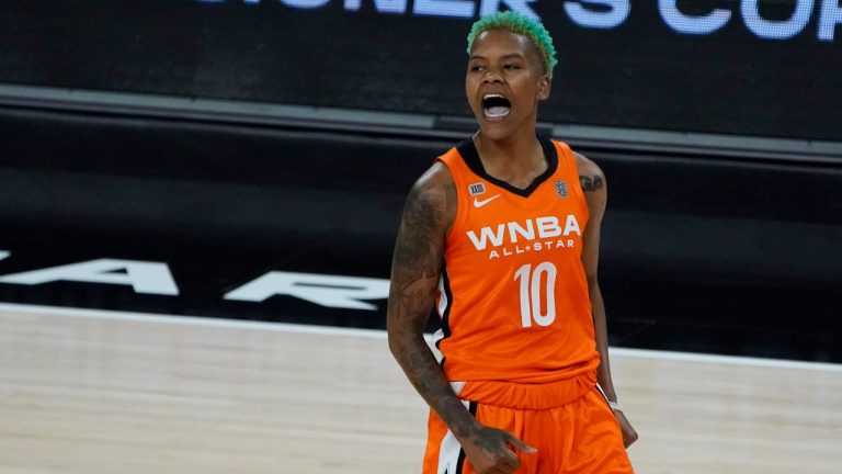 Team WNBA's Courtney Williams celebrates after a play against the United States during the second half of a WNBA All-Star basketball game, Wednesday, July 14, 2021, in Las Vegas. (John Locher/AP) 