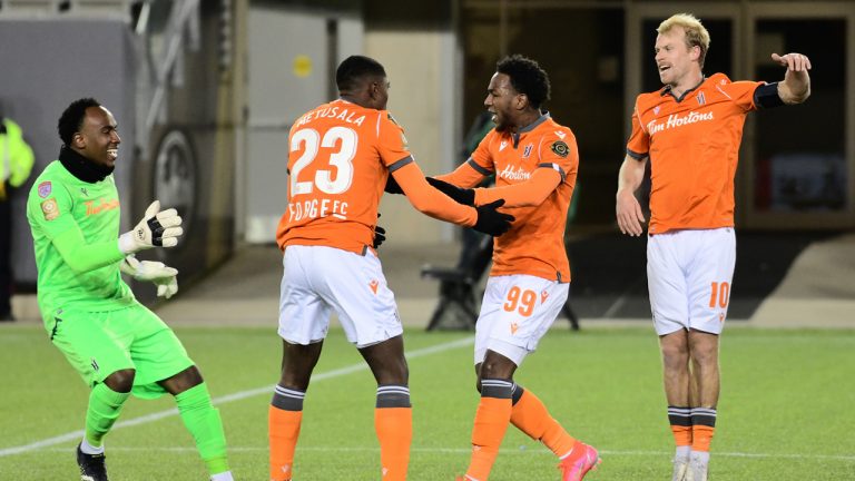Forge FC's Omar Browne (99) celebrates his goal against Costa Rica's Santos de Guapiles with teammates goalkeeper Triston Henry, left to right, Garven-Michee Metusala (23) and Kyle Bekker (10) during CONCACAF League quarterfinal action in Hamilton. (CP-Handout CONCACAF/Straffon Images/Brandon Taylor)