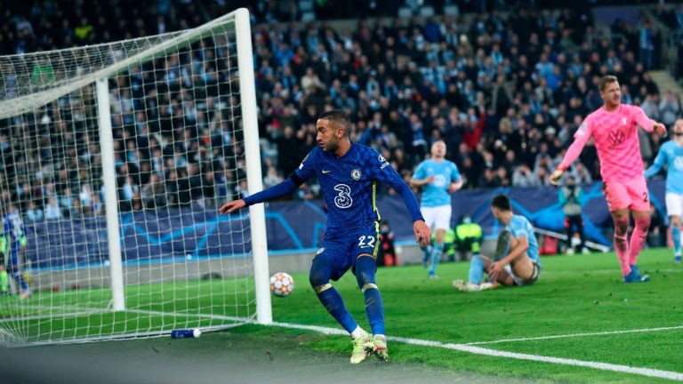 Chelsea's Hakim Ziyech scores his teams first goal, during the Champions League group stage Group H soccer match between Malmo FF and Chelsea at Malmo Stadion, in Malmo, Sweden, Tuesday Nov. 2, 2021. (Andreas Hillergren/TT News Agency via AP)