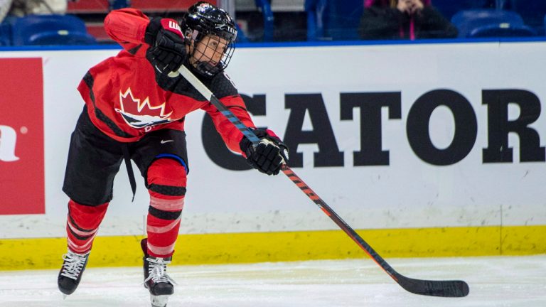 Canada defence Laura Fortino passes the puck during second period of 2018 Four Nations Cup preliminary game against Finland, in Saskatoon, Friday, Nov. 9, 2018. (Liam Richards/CP)