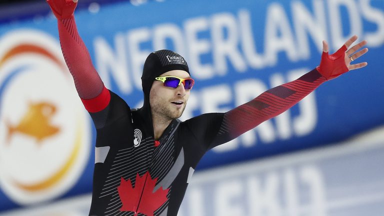 Gold medalist Canada's Laurent Dubreuil celebrates. (Peter Dejong/AP)