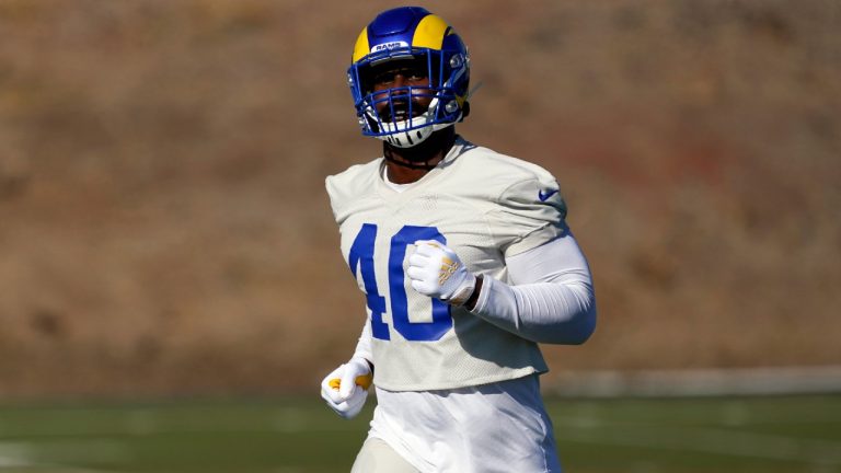 Los Angeles Rams outside linebacker Von Miller runs on the field during NFL football practice Wednesday, Nov. 3, 2021, in Thousand Oaks, Calif. (Marcio Jose Sanchez/AP)