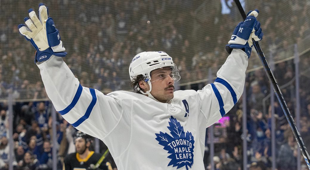 Auston Matthews of the Toronto Maple Leafs celebrates his goal