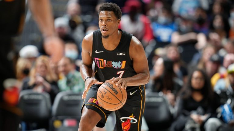 Miami Heat guard Kyle Lowry drives downcourt with the ball in the first half of an NBA basketball game against the Denver Nuggets, Monday, Nov. 8, 2021, in Denver. (David Zalubowski/AP) 