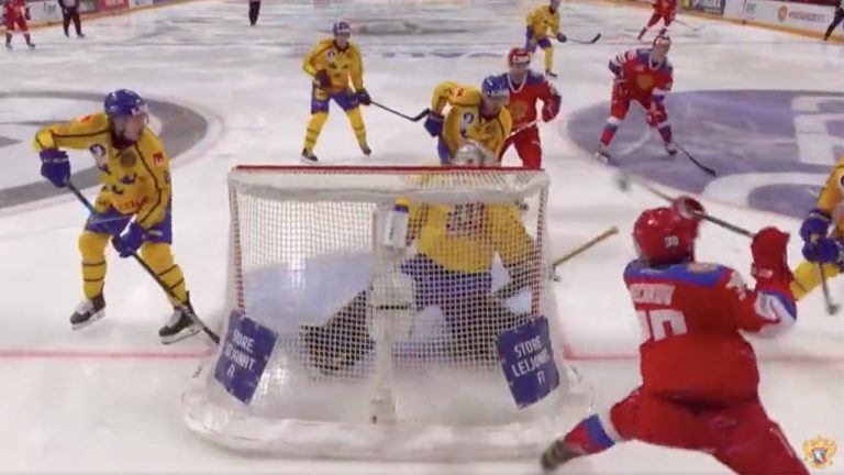 Matvey Michkov attempts a lacrosse style goal.