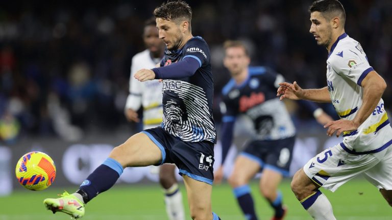 Napoli's Dries Mertens controls the ball, during the Italian Serie A soccer match between Napoli and Verona at the Diego Armando Maradona stadium in Naples, Italy, Sunday, Nov. 7, 2021. Napoli players wore shirts with the image of Argentine soccer player Diego Maradona - in honour of him, nearly a year after his death. (Alessandro Garofalo/LaPresse via AP) 

