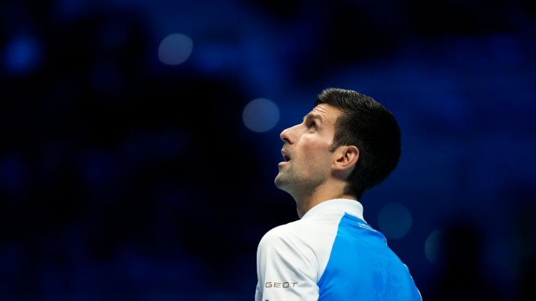 Novak Djokovic of Serbia looks up during his ATP World Tour Finals, singles semifinal, tennis match. (Luca Bruno/AP)