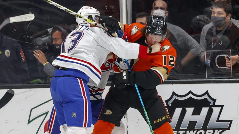 Montreal Canadiens forward Cedric Paquette, left, and Anaheim Ducks forward Sonny Milano fight during the first period of an NHL hockey game. (Ringo H.W. Chiu/AP)