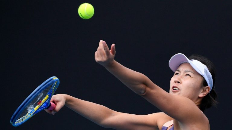 China's Peng Shuai serves to Japan's Nao Hibino during their first round singles match at the Australian Open tennis championship in Melbourne, Australia, Tuesday, Jan. 21, 2020 (Andy Brownbill/AP).