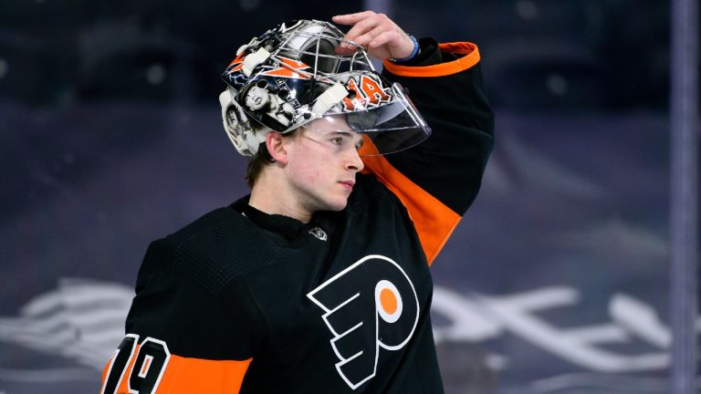 Philadelphia Flyers goaltender Carter Hart (79) is shown during an NHL hockey game against the Buffalo Sabres in Philadelphia, in this Sunday, April 11, 2021, file photo. (Derik Hamilton/AP)
