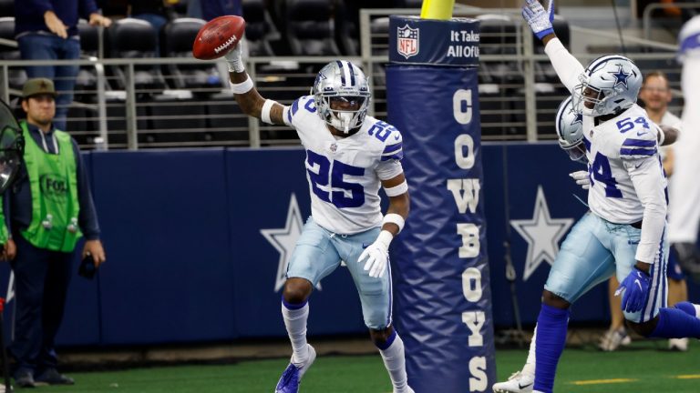 Dallas Cowboys cornerback Nahshon Wright (25) and defensive end Azur Kamara (54) celebrate after Wright recovered a blocked punt in the end zone for a touchdown in the first half of an NFL football game against the Atlanta Falcons in Arlington, Texas, Sunday, Nov. 14, 2021. (Ron Jenkins/AP)