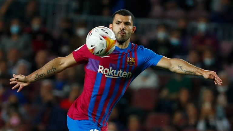 Barcelona's Sergio Aguero controls the ball during the Spanish La Liga soccer match between FC Barcelona and Valencia at the Camp Nou stadium in Barcelona, Spain, Sunday, Oct. 17, 2021 (Joan Monfort/AP).