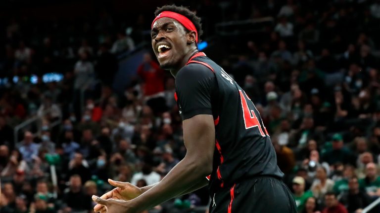 Toronto Raptors' Pascal Siakam protests a call during the second half of an NBA basketball game against the Boston Celtics, Wednesday, Nov. 10, 2021, in Boston. (Michael Dwyer/AP)