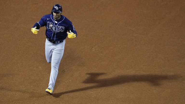 Tampa Bay Rays Wander Franco reacts as he rounds the bases after hitting a two-run home run during the sixth inning against the Boston Red Sox during Game 4 of a baseball American League Division Series. (Michael Dwyer/AP)