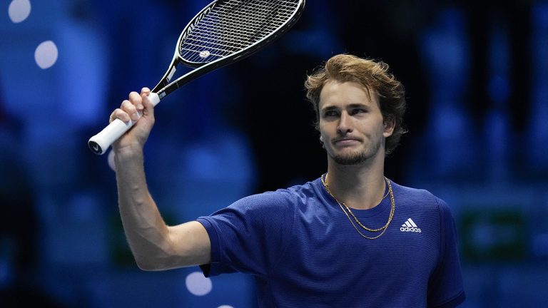 Germany's Alexander Zverev celebrates after defeating Poland's Hubert Hurkacz during their ATP World Tour Finals singles tennis match, at the Pala Alpitour in Turin. (Luca Bruno/AP)