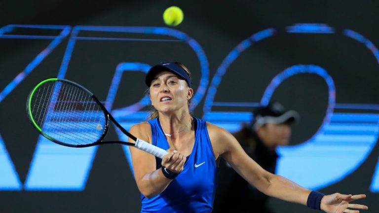 Paula Badosa, of Spain, hits the ball while playing Aryna Sabalenka of Belarus, during the Mexican Tennis WTA Finals in Guadalajara, Mexico, Thursday, Nov. 11, 2021. (Refugio Ruiz/AP)