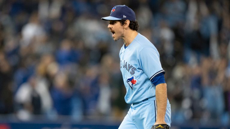 Toronto Blue Jays closing pitcher Jordan Romano celebrates the win over the New York Yankees in MLB action. (Frank Gunn/CP)