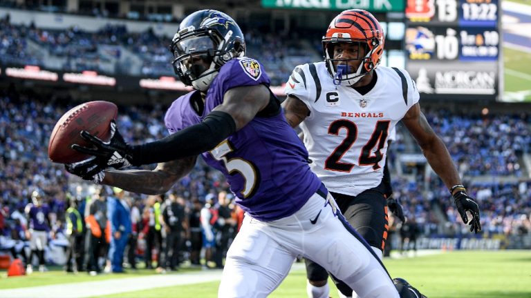 Baltimore Ravens wide receiver Marquise Brown (5) catches a touchdown pass in front of Cincinnati Bengals safety Vonn Bell (24) during the second half of an NFL football game, Sunday, Oct. 24, 2021, in Baltimore. (Nick Wass/AP)