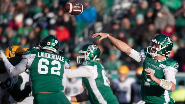 Saskatchewan Roughriders quarterback Cody Fajardo (7) shows the ball during first half CFL football action against the Edmonton Elks, in Regina, Saturday, Nov. 13, 2021. (Kayle Neis/THE CANADIAN PRESS)
