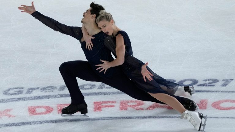 Piper Gilles and Paul Poirier of Canada compete in the Ice Dance Free Dance during the ISU figure skating France's Trophy, in Grenoble, French Alps, France, Saturday, Nov. 20, 2021. (Francois Mori/AP)