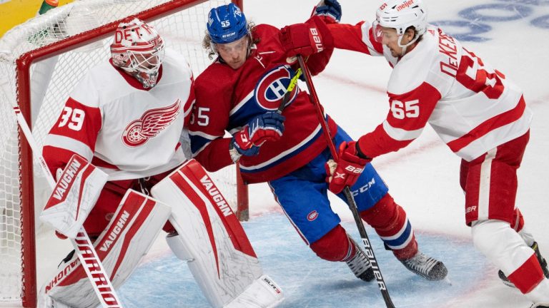 Montreal Canadiens forward Michael Pezzetta (55) is pushed into Detroit Red Wings goaltender Alex Nedeljkovic (39) by Red Wings defenseman Danny DeKeyser (65) during third period NHL hockey action Tuesday, November 2, 2021 in Montreal. (Ryan Remiorz/The Canadian Press)
