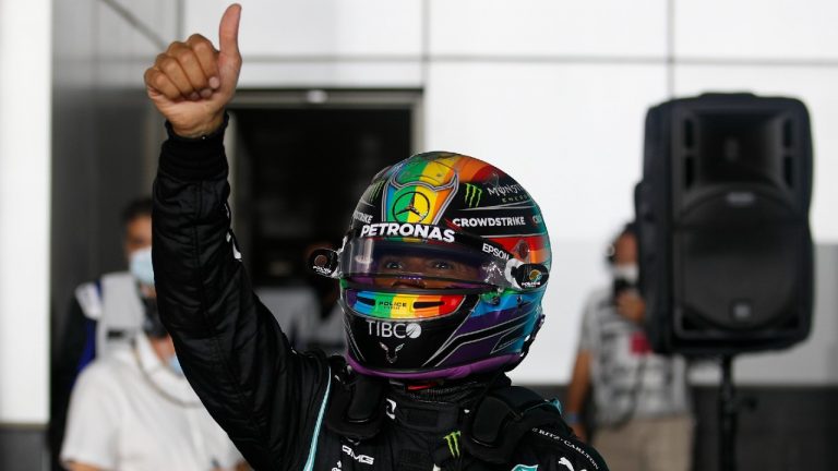 Mercedes driver Lewis Hamilton of Britain reacts after qualifying session qualifying session in Lusail, Qatar, Saturday, Nov. 20, 2021 ahead of the Qatar Formula One Grand Prix. (Hamad I Mohammed/Pool via AP)