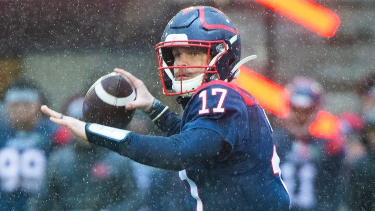 Montreal Alouettes quarterback Trevor Harris throws a pass during first half CFL football action against the Winnipeg Blue Bombers, in Montreal, Saturday, Nov. 13, 2021. (Graham Hughes /THE CANADIAN PRESS)
