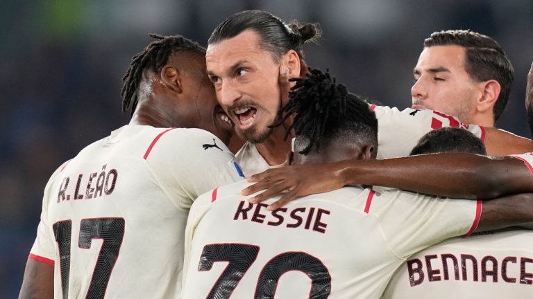 AC Milan's Zlatan Ibrahimovic celebrates after scoring his side's opening goal during the Series A soccer match between Roma and AC Milan at Rome's Olympic stadium. (Gregorio Borgia/AP) 