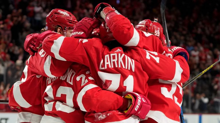 Detroit Red Wings centre Dylan Larkin (71) celebrates his goal in overtime during an NHL hockey game against the Montreal Canadiens Saturday, Nov. 13, 2021, in Detroit. (Paul Sancya/AP)