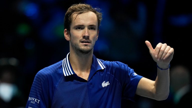 Daniil Medvedev of Russia reacts after defeating Casper Ruud of Norway in their ATP World Tour Finals, singles semifinal, tennis match, at the Pala Alpitour in Turin, Italy, Saturday, Nov. 20, 2021. Medvedev won 6-4/6-2. (Luca Bruno/AP)