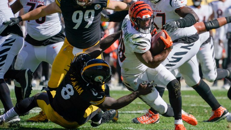 Pittsburgh Steelers linebacker Melvin Ingram (8) tries to bring down Pittsburgh Steelers safety Miles Killebrew (28) during the second half an NFL football game. (Gene J. Puskar/AP) 