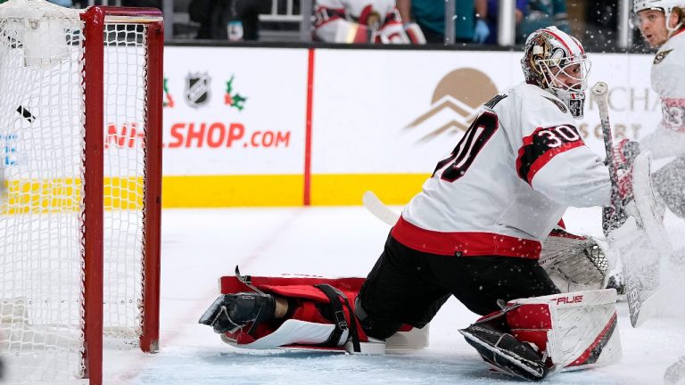 Ottawa Senators goaltender Matt Murray (30) cannot make the stop on a shot by San Jose Sharks left wing Matt Nieto during the first period of an NHL hockey game Wednesday, Nov. 24, 2021, in San Jose, Calif. (Tony Avelar/AP Photo) 
