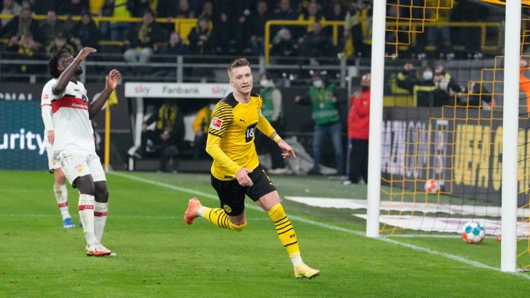 Dortmund's Marco Reus scores his side's second goal during the German Bundesliga soccer match between Borussia Dortmund and VfB Stuttgart in Dortmund, Germany, Saturday, Nov. 20, 2021. (Martin Meissner/AP)