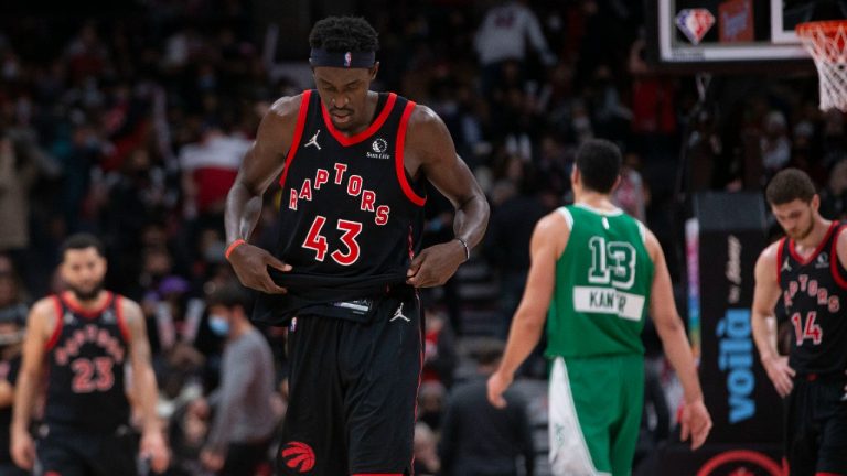 Toronto Raptors' Pascal Siakam reacts after his team's 97-109 loss to the Boston Celtics in NBA basketball action, in Toronto, Sunday, Nov. 28, 2021. (Chris Young/CP)