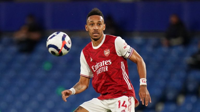 Arsenal's Pierre-Emerick Aubameyang controls the ball during the English Premier League soccer match between Chelsea and Arsenal at Stamford Bridge stadium in London, England, Wednesday, May 12, 2021. (Adam Davy, Pool via AP) 
