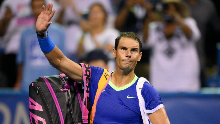 Rafael Nadal, of Spain, waves to the fans as he leaves the court after he lost to Lloyd Harris, of South Africa, at the Citi Open tennis tournament Thursday, Aug. 5, 2021, in Washington. Harris won 6-4, 1-6, 6-4. (AP/file) 