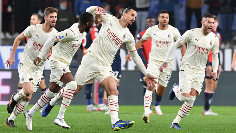 AC Milan's Zlatan Ibrahimovic celebrates scoring his side's opening goal during the Serie A match against Genoa at the Genoa Luigi Ferraris stadium, Italy on Wednesday. (AP) 