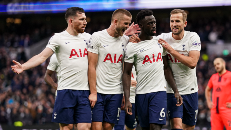 Tottenham Hotspur's Davinson Sanchez, second right, celebrates scoring his side's second goal during the English Premier League soccer match between Tottenham Hotspur and Norwich City, at Tottenham Hotspur Stadium, London on Sunday. (AP)