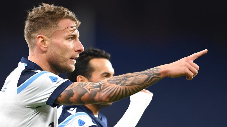 Lazio's Ciro Immobile celebrates after scoring during the Serie A soccer match between Sampdoria and Lazio, at the Genoa Luigi Ferraris stadium, Italy, Sunday, Dec. 5, 2021. (Tano Pecoraro/LaPresse via AP)