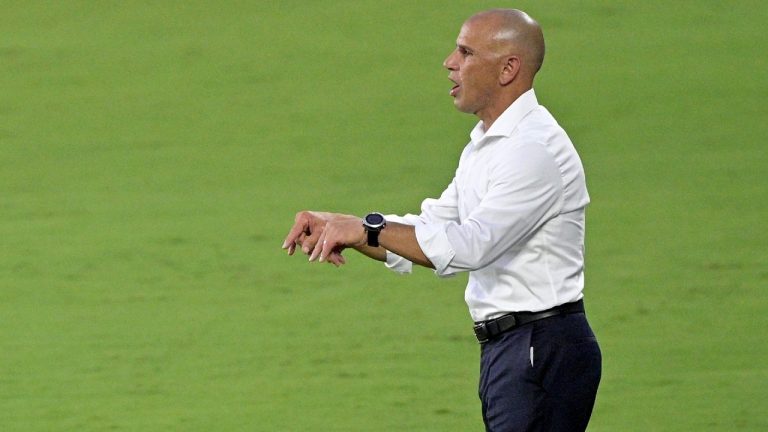 Toronto FC coach Chris Armas calls out instructions during the first half of the team's MLS soccer match against Orlando City, Saturday, June 19, 2021, in Orlando, Fla. (Phelan Ebenhack/AP).
