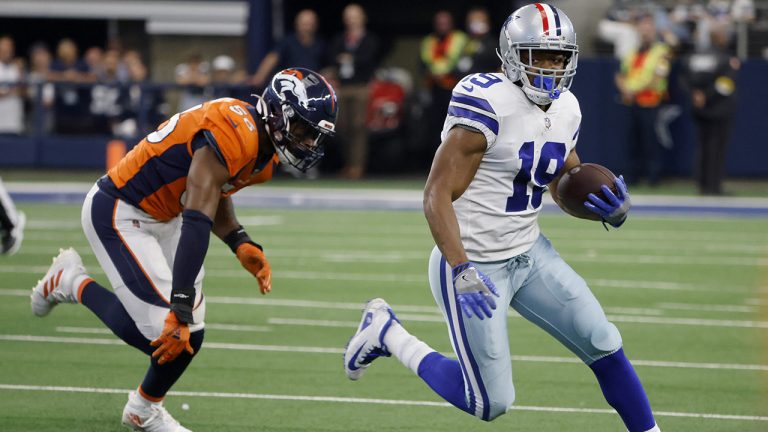 Denver Broncos linebacker Baron Browning (56) gives chase as Dallas Cowboys wide receiver Amari Cooper (19) gains yards after making a catch in the first half of an NFL football game. (Michael Ainsworth/AP)