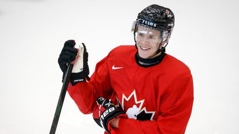 Kaiden Guhle skates during a practice at the Canadian World Junior Hockey Championships selection camp in Calgary, Alta., Saturday, Dec. 11, 2021. (Jeff McIntosh/THE CANADIAN PRESS)