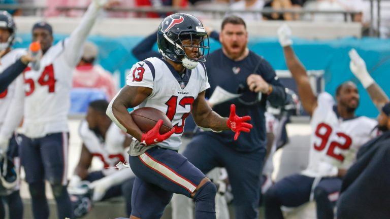 Houston Texans wide receiver Brandin Cooks (13) runs for a touchdown on a 43-yard pass play against the Jacksonville Jaguars during the second half of an NFL football game, Sunday, Dec. 19, 2021, in Jacksonville, Fla. (Stephen B. Morton/AP)