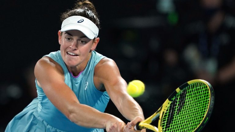 United States' Jennifer Brady hits a backhand return to Japan's Naomi Osaka during the women's singles final at the Australian Open tennis championship in Melbourne, Australia, Saturday, Feb. 20, 2021 (Mark Dadswell/AP).