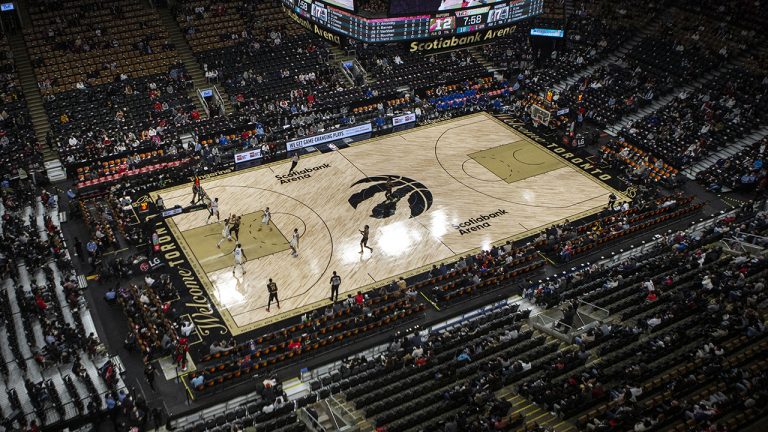 Empty seats are seen at the Scotiabank Arena as the Toronto Raptors take on the Golden State Warriors in NBA basketball action. (Chris Young/CP)