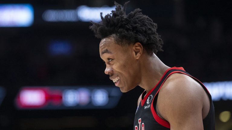 Toronto Raptors' Scottie Barnes reacts as his team beats  New York Knicks 90-87 in NBA basketball action in Toronto on Friday, December 10, 2021. THE CANADIAN PRESS/Chris Young