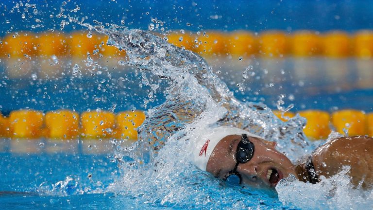 Tessa Cieplucha of Canada competes for the gold medal in women's 400m Individual Medley at the Pan American Games in Lima, Peru, Friday, Aug. 9, 2019. (Fernando Llano/AP)
