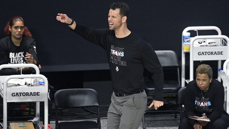 New York Liberty coach Walt Hopkins calls out instructions during the first half of the team's WNBA basketball game against the Indiana Fever. (Phelan M. Ebenhack/AP)