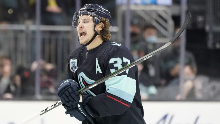 Seattle Kraken centre Yanni Gourde reacts after he scored a goal against the Montreal Canadiens during the second period of an NHL hockey game. (Ted S. Warren/AP)