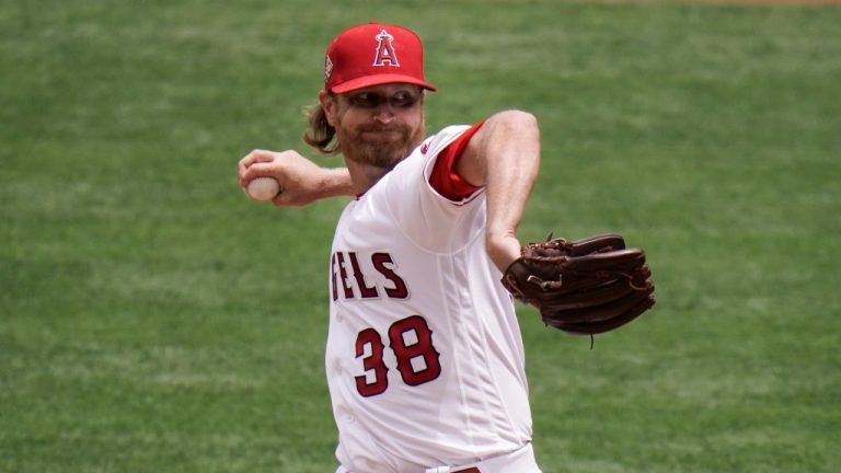 Los Angeles Angels starting pitcher Alex Cobb throws to a Minnesota Twins batter during the first inning of the first baseball game of a doubleheader Thursday, May 20, 2021, in Anaheim, Calif. (Jae C. Hong/AP Photo)